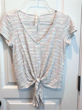 Miami Brand Women’s White Multicolor Striped Short Sleeve Tie Bottom Size XS Top